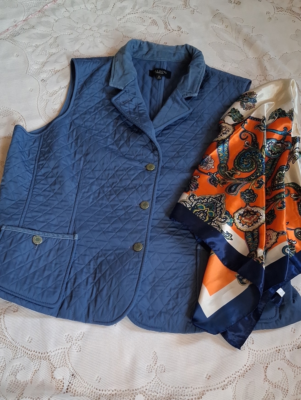 Talbots Quilted Sleeveless Vest in Slate Blue and Unbranded Scarf
